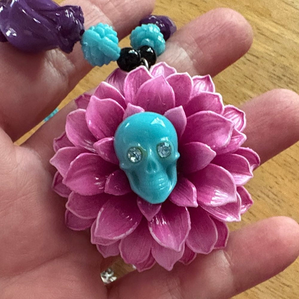 Tarina Tarantino Purple and Blue Floral Skull Necklace - Picture 5 of 7